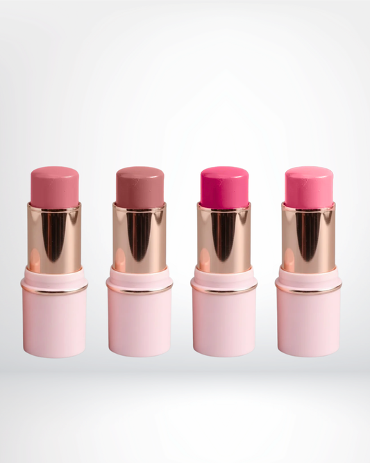 PG Beauty Blush Sticks 2 in 1 - Four pink lip and cheek tint blush sticks with rose gold caps on a white background