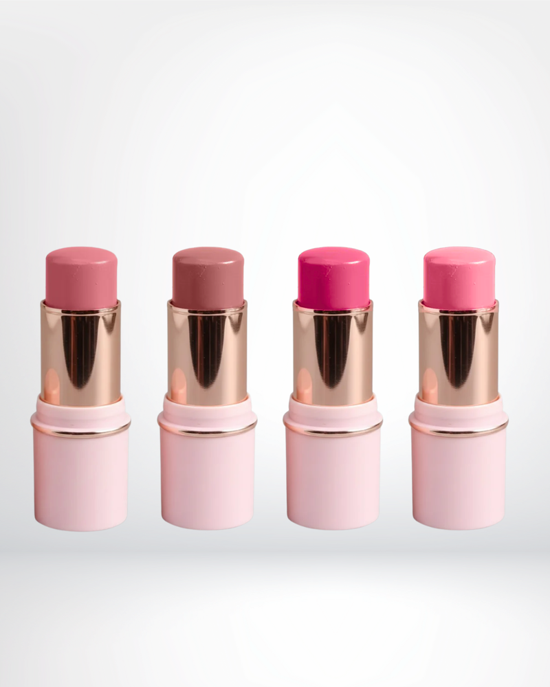 PG Beauty Blush Sticks 2 in 1 - Four pink lip and cheek tint blush sticks with rose gold caps on a white background