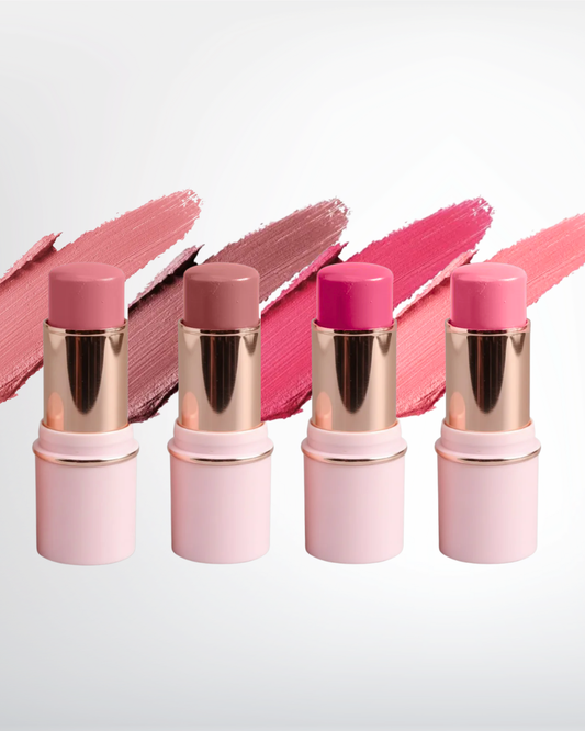PG Beauty Blush Sticks 3 in 1 - Four pink lip and cheek tint blush sticks with shade swatches