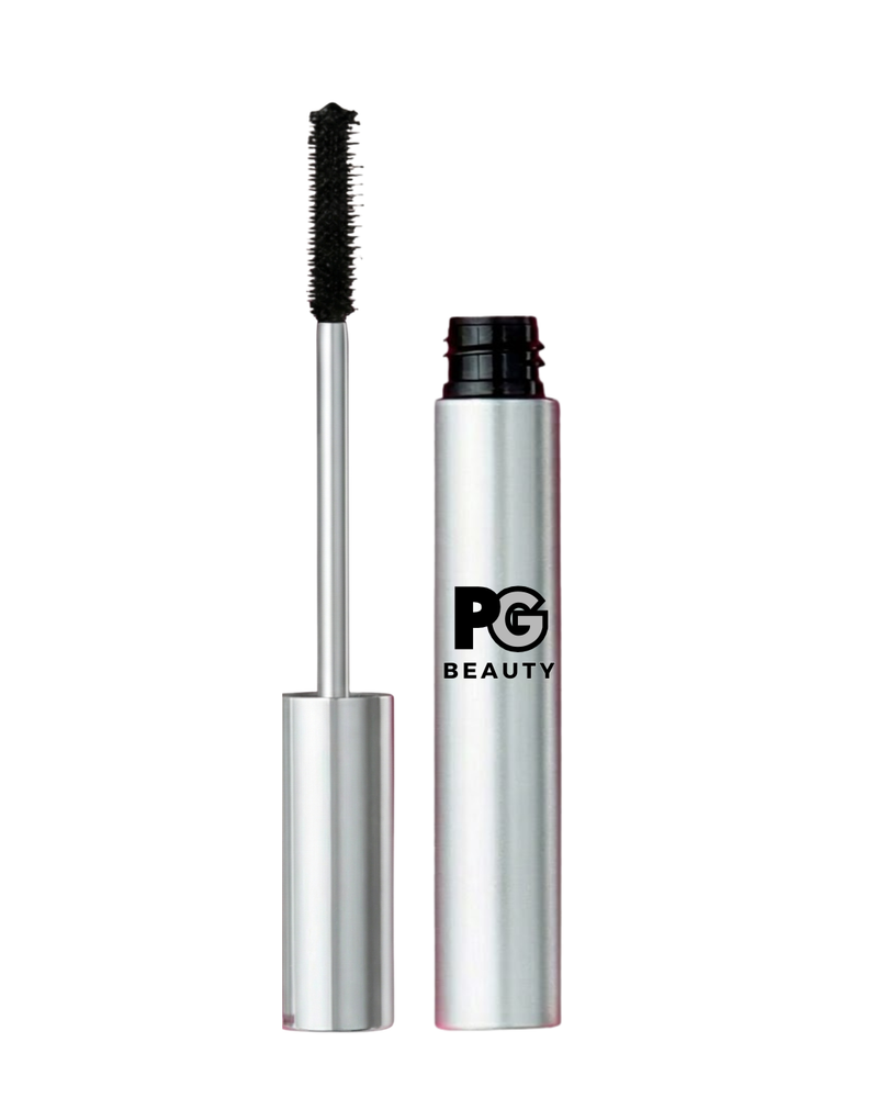 PG Beauty mascara with silver tube and black brush on white background